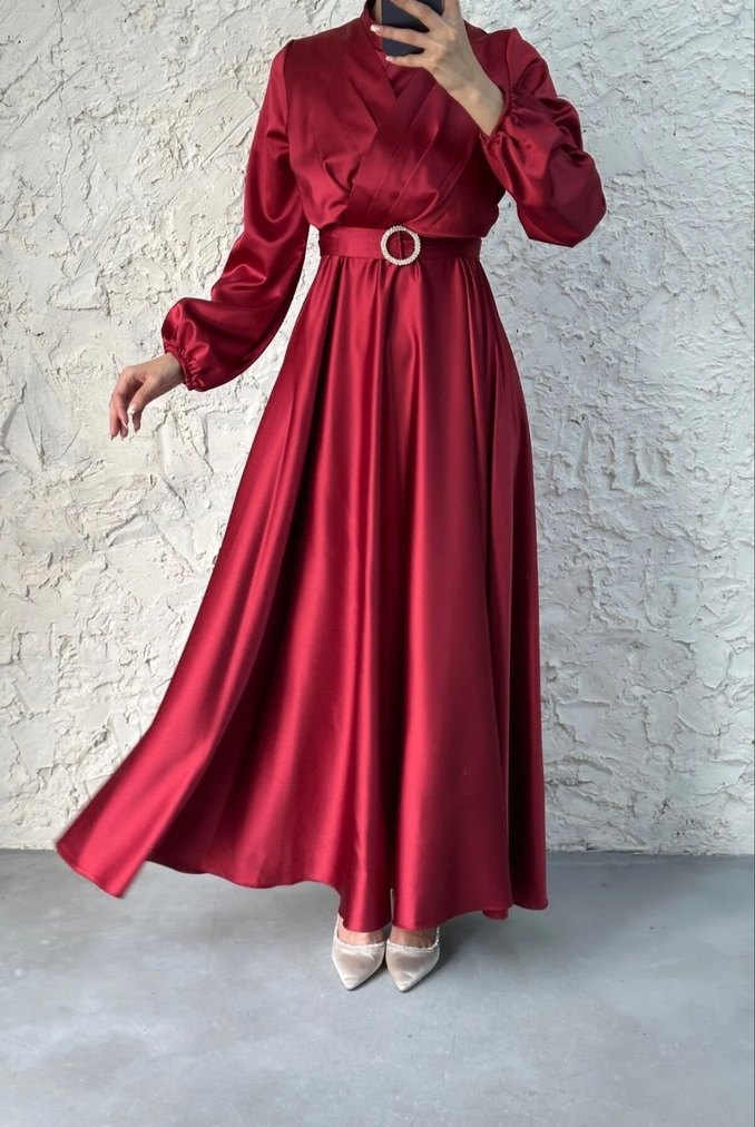 Bordo Uzun Kollu Midi Elbise - Görsel 2