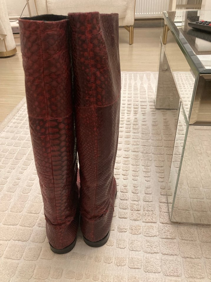 Bordo Deri Yılan Desenli İnce Topuklu Çizme - Görsel 2