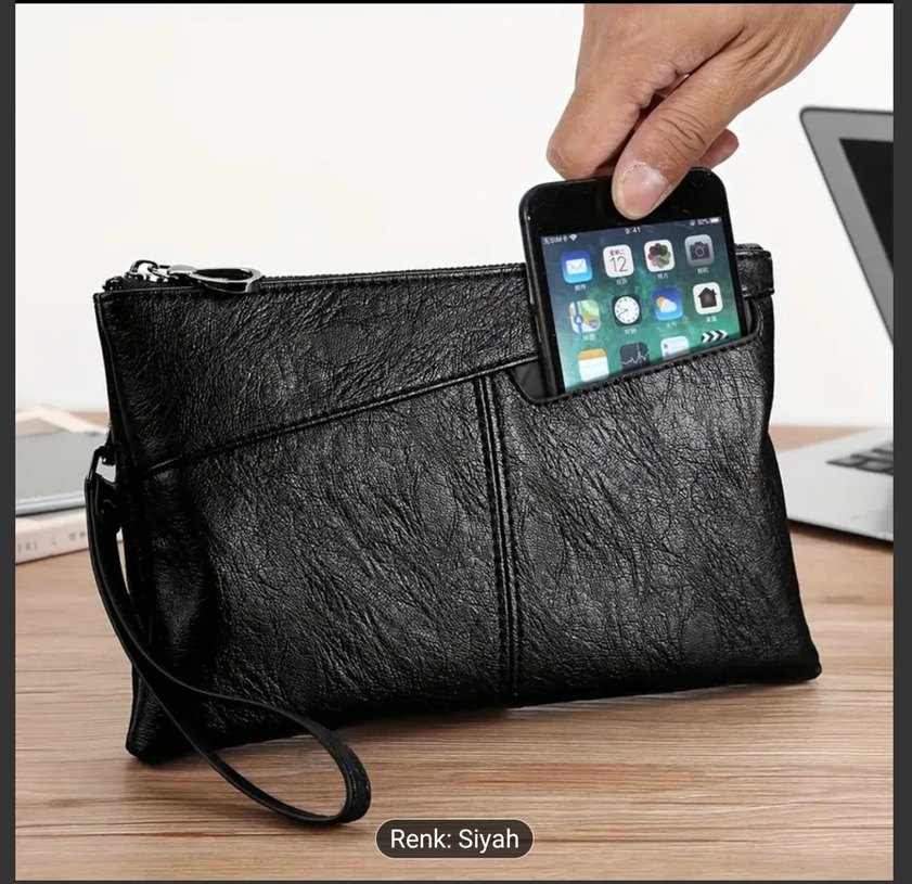 Fermuarlı Siyah Deri Kadın erkek Portföy Çanta - Görsel 3
