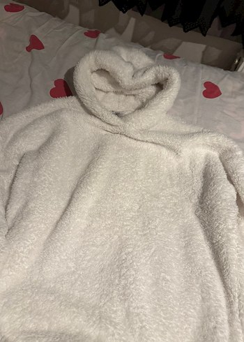 Kadın Beyaz Kapüşonlu Peluş Sweatshirt - Görsel 3