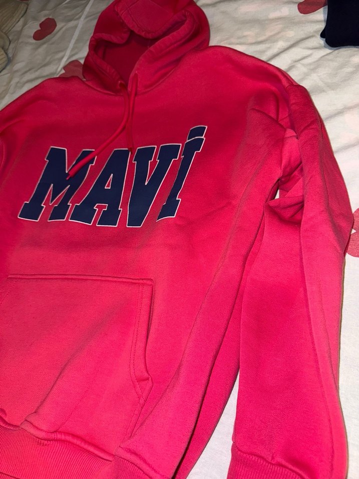 Pembe Kapüşonlu Mavi Baskılı Sweatshirt - Görsel 2