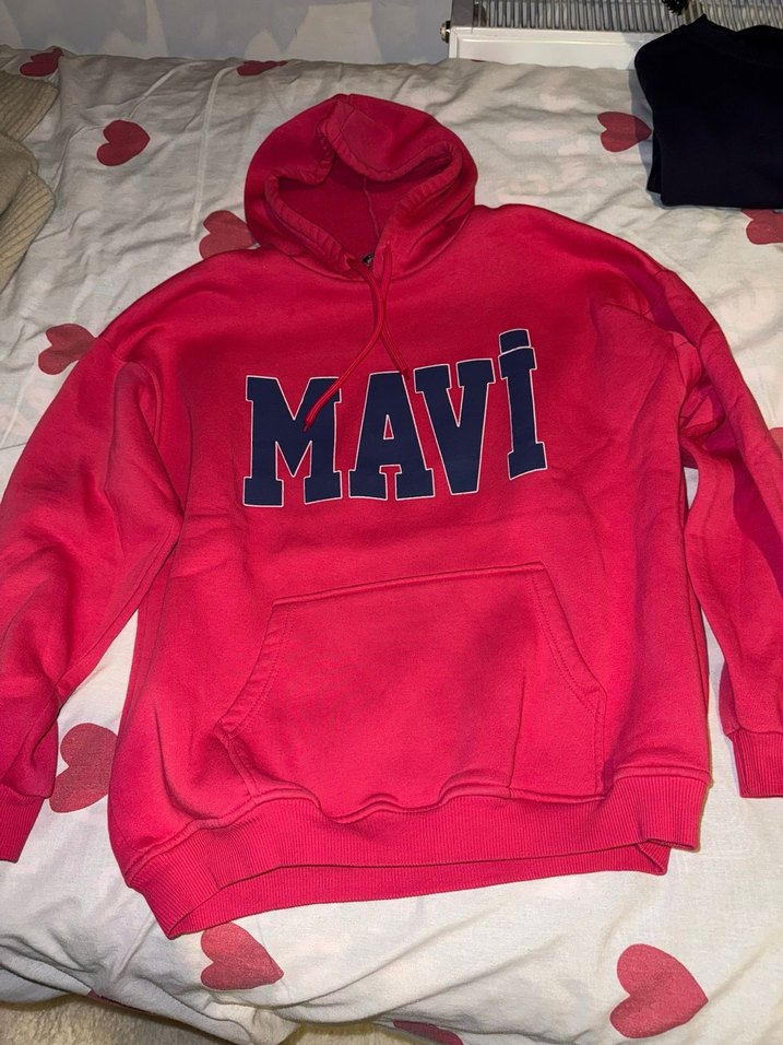 Pembe Kapüşonlu Mavi Baskılı Sweatshirt - Görsel 3