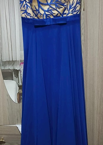 Mavi İşlemeli Uzun Abiye Elbise - Görsel 2