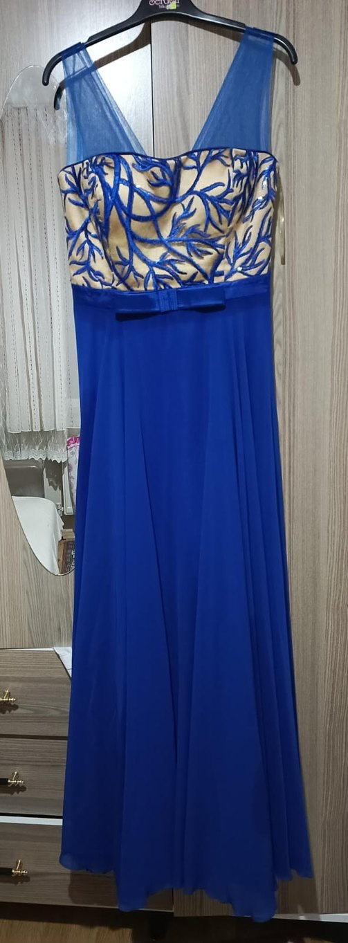 Mavi İşlemeli Uzun Abiye Elbise - Görsel 2