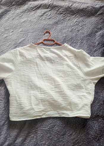 Beyaz Keten V Yaka Kısa Kollu Kadın Gömlek - Görsel 2