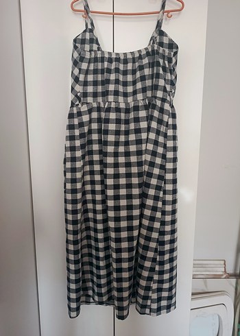 Düğmeli, Uzun, Askılı Gri Ekose Elbise - Görsel 2