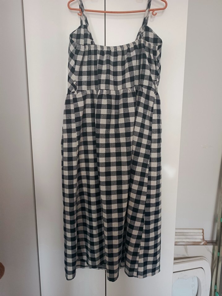 Düğmeli, Uzun, Askılı Gri Ekose Elbise - Görsel 2