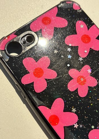 Pembe Simli Çiçekli Siyah iPhone 7-8-SE Telefon Kılıfı - Görsel 2