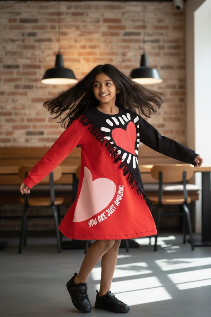 Kız Çocuk Renkli Desenli Uzun Kollu Elbise - Görsel 3