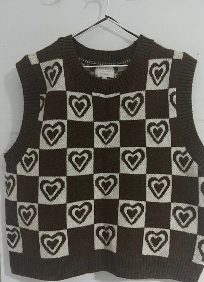 Kahverengi Kalp Desenli Örgü Süveter - Görsel 2