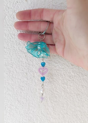 Boncuklu Turkuaz Çiçekli Kalpli Anahtarlık - Görsel 4