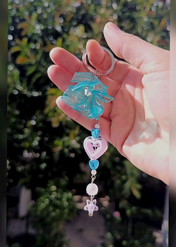 Boncuklu Turkuaz Çiçekli Kalpli Anahtarlık - Görsel 3