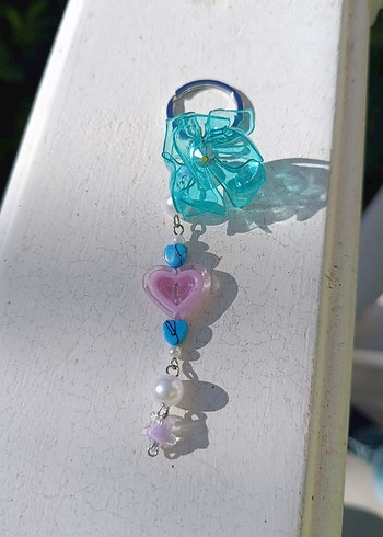 Boncuklu Turkuaz Çiçekli Kalpli Anahtarlık - Görsel 2