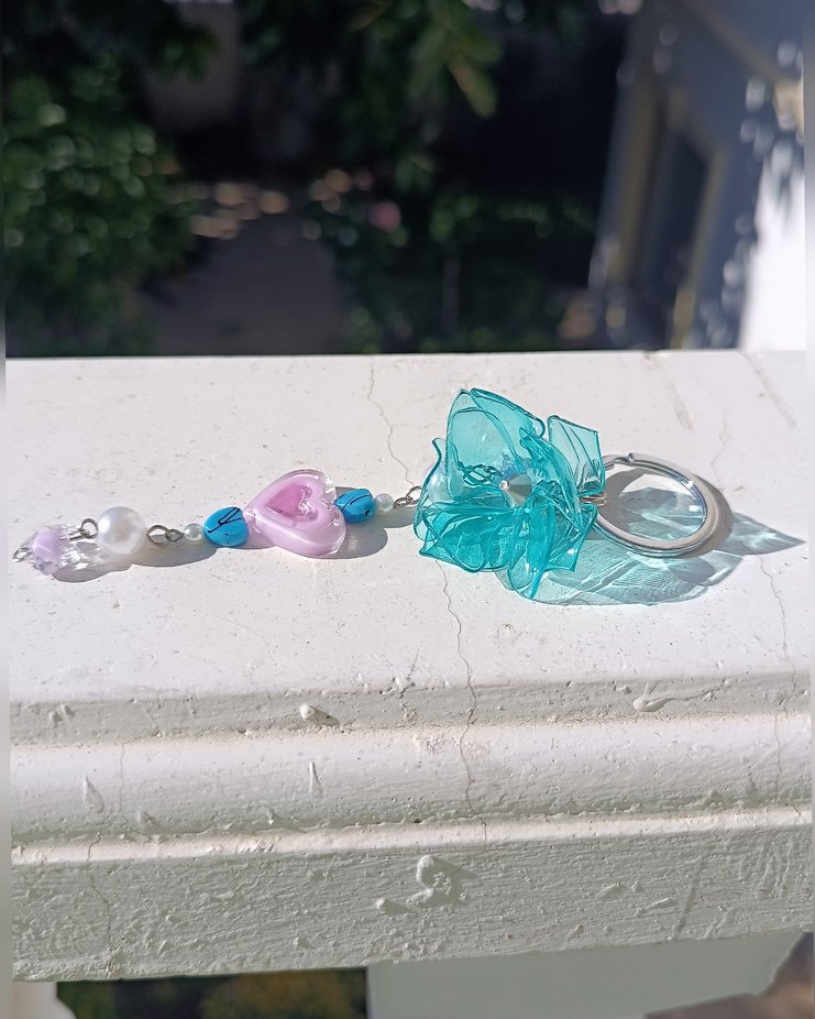 Boncuklu Turkuaz Çiçekli Kalpli Anahtarlık - Görsel 5