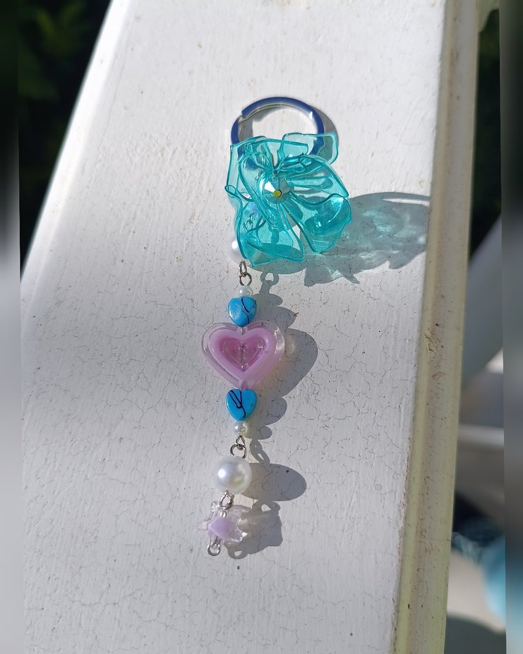 Boncuklu Turkuaz Çiçekli Kalpli Anahtarlık - Görsel 2