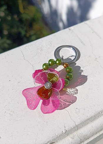 Pembe Orkide Çiçekli Bohem Anahtarlık Çanta Süsü - Görsel 6