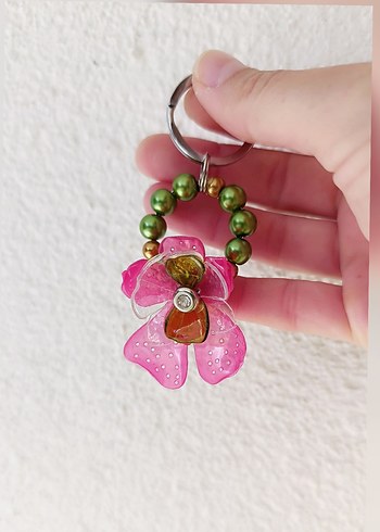 Pembe Orkide Çiçekli Bohem Anahtarlık Çanta Süsü - Görsel 4