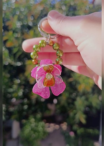 Pembe Orkide Çiçekli Bohem Anahtarlık Çanta Süsü - Görsel 7