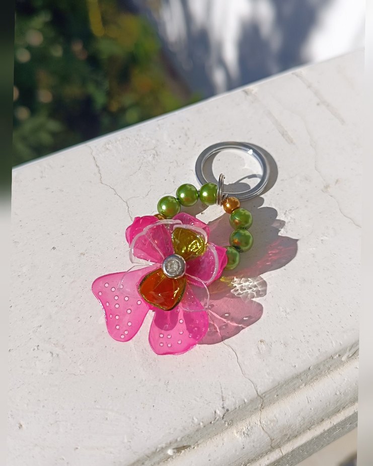 Pembe Orkide Çiçekli Bohem Anahtarlık Çanta Süsü - Görsel 2
