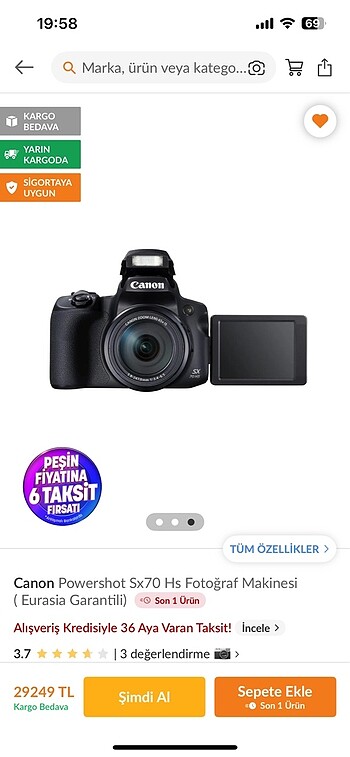 Beden Renk CANON POWERSHOT Sx70 HS FOTOĞRAF MAKİNESİ