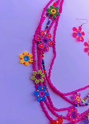 Çiçek Desenli Renkli Boncuklu Bohem Kadın Kolye ve Küpe Seti - Görsel 7