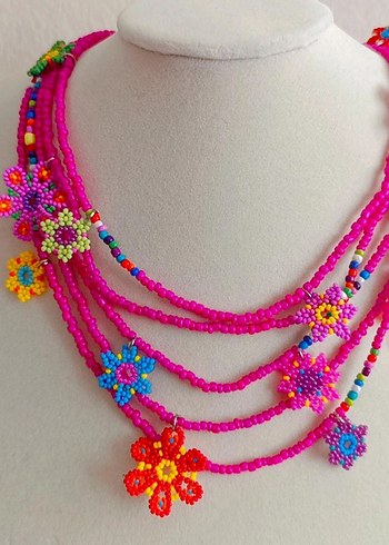 Çiçek Desenli Renkli Boncuklu Bohem Kadın Kolye ve Küpe Seti - Görsel 10