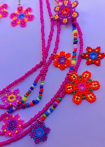 Çiçek Desenli Renkli Boncuklu Bohem Kadın Kolye ve Küpe Seti - Görsel 8