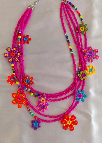 Çiçek Desenli Renkli Boncuklu Bohem Kadın Kolye ve Küpe Seti - Görsel 9