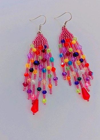 Uzun Çok Renkli Boncuklu Bohem Küpe - Görsel 5