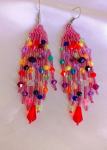 Uzun Çok Renkli Boncuklu Bohem Küpe - Görsel 6