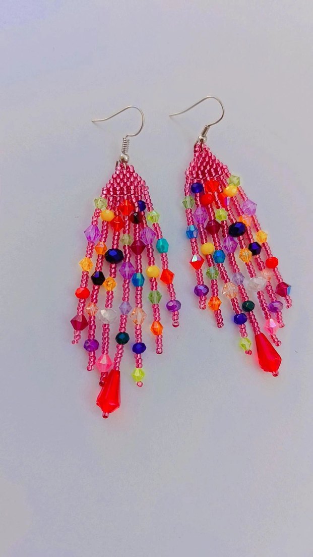 Uzun Çok Renkli Boncuklu Bohem Küpe - Görsel 5