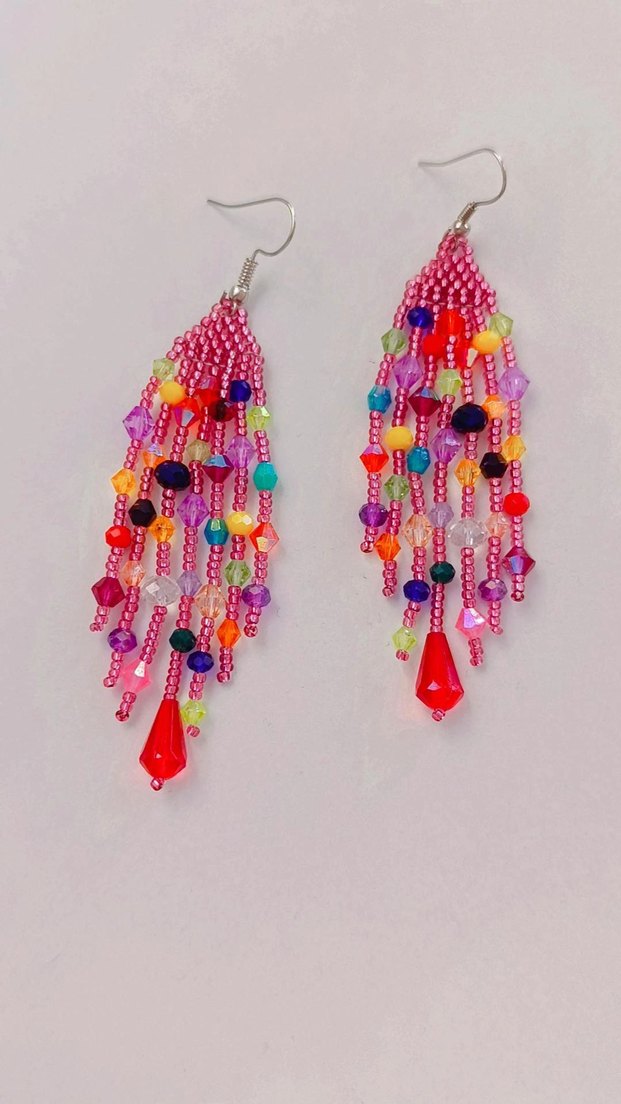 Uzun Çok Renkli Boncuklu Bohem Küpe - Görsel 3