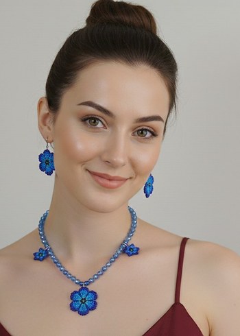 Renkli Boncuklu Mavi Çiçek Küpe ve Kolye Seti - Görsel 2