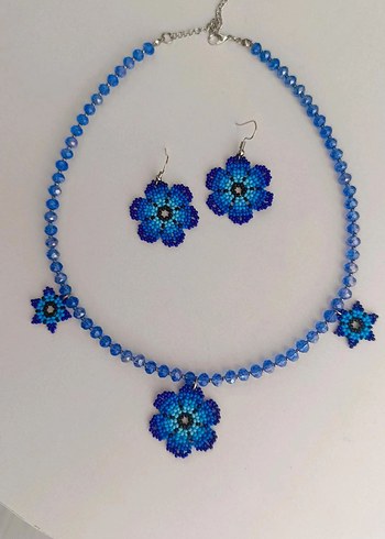 Renkli Boncuklu Mavi Çiçek Küpe ve Kolye Seti - Görsel 7