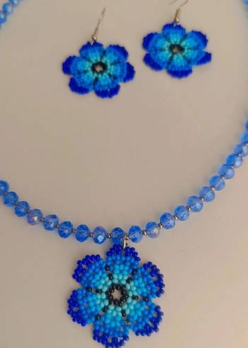 Renkli Boncuklu Mavi Çiçek Küpe ve Kolye Seti - Görsel 8