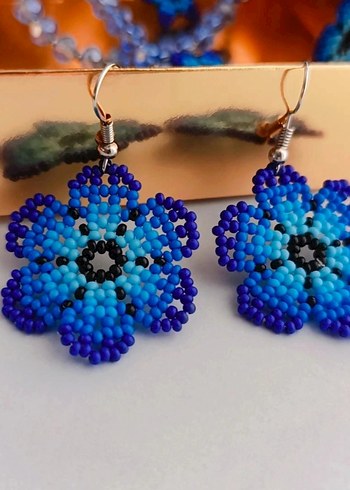 Renkli Boncuklu Mavi Çiçek Küpe ve Kolye Seti - Görsel 4