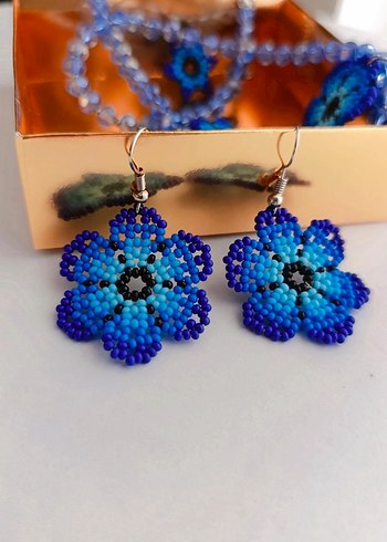 Renkli Boncuklu Mavi Çiçek Küpe ve Kolye Seti - Görsel 5