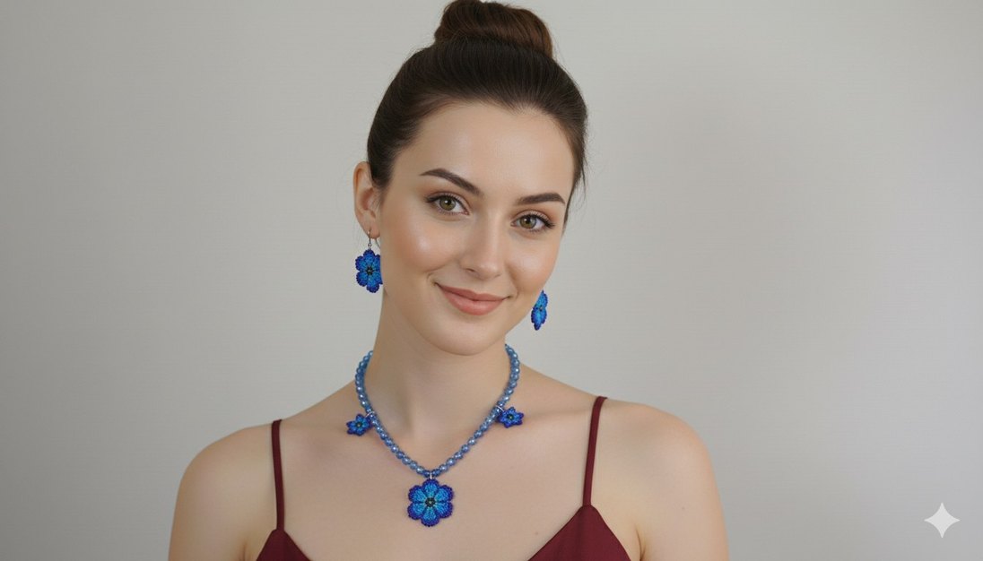 Renkli Boncuklu Mavi Çiçek Küpe ve Kolye Seti - Görsel 2