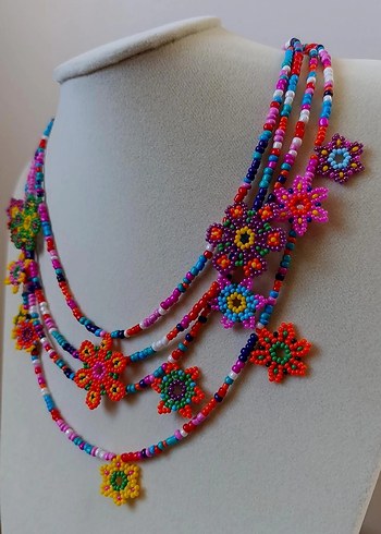 Uzun Renkli Boncuklu Çiçekli Bohem Kolye - Görsel 7
