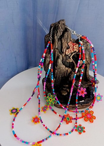 Uzun Renkli Boncuklu Çiçekli Bohem Kolye - Görsel 8