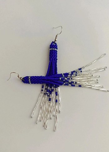 Uzun Mavi Boncuklu Bohem Küpe - Görsel 6