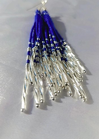 Uzun Mavi Boncuklu Bohem Küpe - Görsel 4