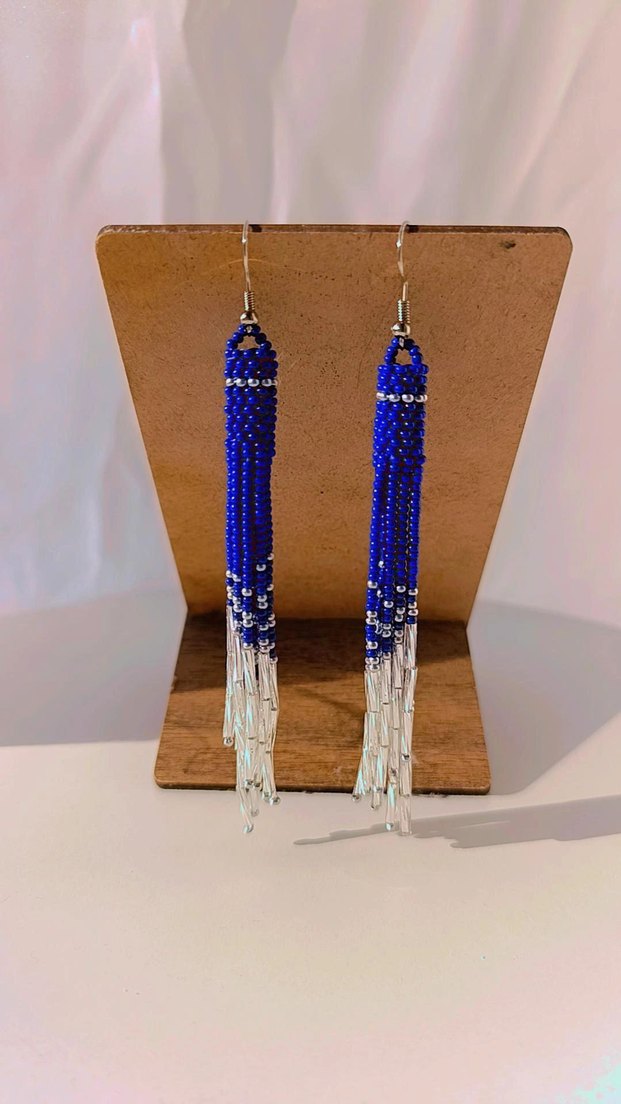 Uzun Mavi Boncuklu Bohem Küpe - Görsel 5