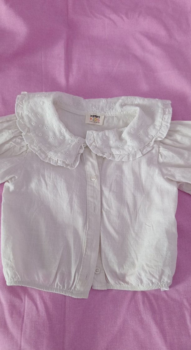 Kız Çocuk Beyaz Keten Kısa Kollu Gömlek - Görsel 5
