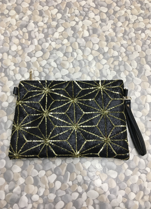 Siyah gold simli clutch çanta