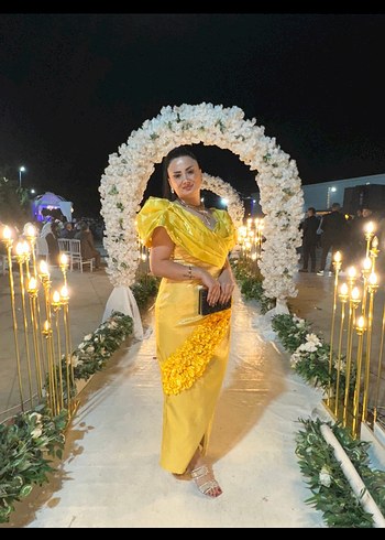 Sarı Drapeli Straplez Uzun Kadın Abiye - Görsel 4