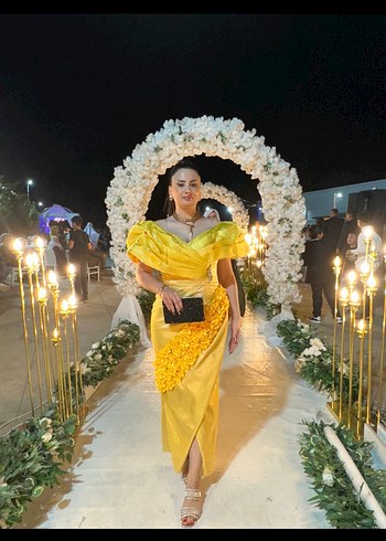 Sarı Drapeli Straplez Uzun Kadın Abiye - Görsel 2