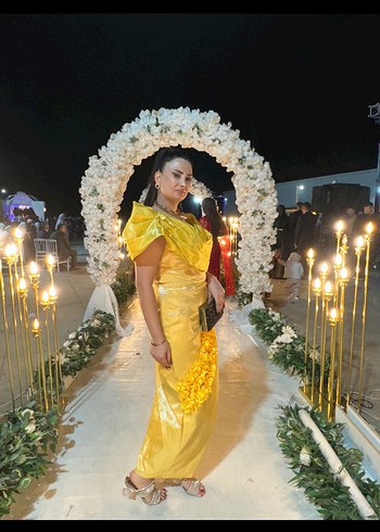 Sarı Drapeli Straplez Uzun Kadın Abiye - Görsel 6