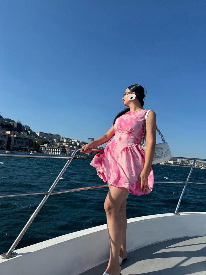 Pembe Drapeli Mini Straplez Elbise - Görsel 2