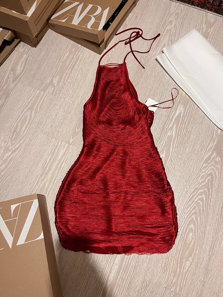 Halter yaka püsküllü kısa elbise - Görsel 4